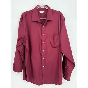 Van Heusen Mens Regular Fit Lux Sateen Button Down Shirt Burgundy Sz 17.5 34/35